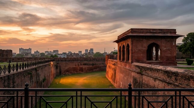 Sunset view of the historic lahore fort in pakistan with the modern city skyline in the background