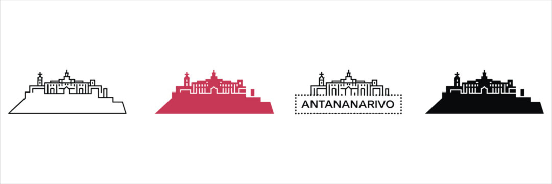 Antananarivo rova palace skyline in black, red, and outline styles