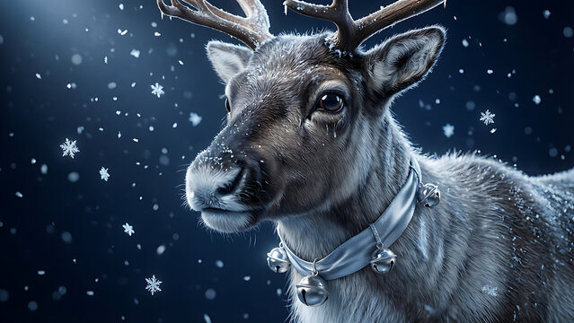 Portrait rapproch&eacute; d&rsquo;un majestueux renne avec un collier de grelots lors d&rsquo;une nuit hivernale enneig&eacute;e