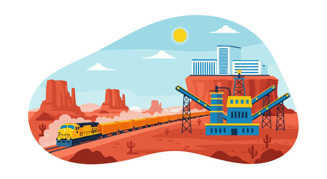 Vibrant vector illustration depicting a freight train traversing a desert landscape with an industrial mining facility and distant mesas under a sunny sky