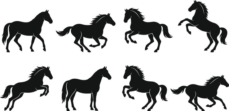 Set of black horse silhouettes in different poses including running jumping trotting and rearing isolated on white background
