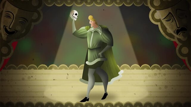actor performing hamlet monologue with skull on theater stage
