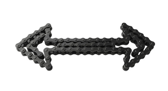 Metal roller chain forms a double-sided arrow shape on a clean white background to symbolize industrial movement.