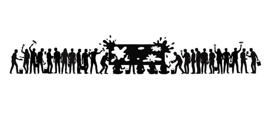 Fototapeta premium Group of people painting together silhouette. Community art project and teamwork concept. Black vector illustration isolated on transparent background