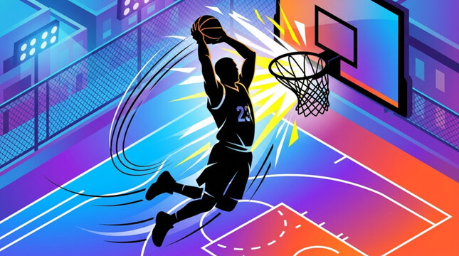 Vibrant Neon Slam Dunk Basketball Illustration