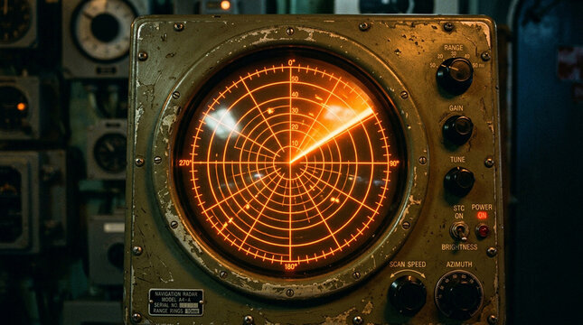 Vintage radar screen orange blips and radial lines in dark room display technology