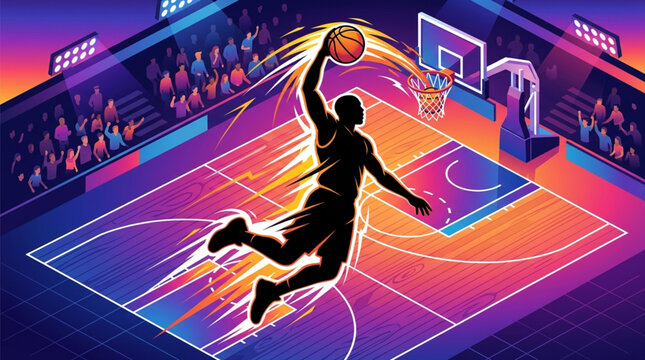 Dynamic Basketball Player Slam Dunk Silhouette in Neon Stadium