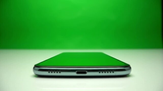 Smartphone Mockup with Green Screen Display on White Table - Close Up Chroma Key Mobile Phone Footage - Tech Device Presentation and App Template Video