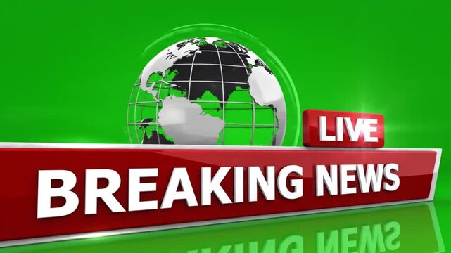 Breaking News Live Motion Graphic Overlay Green Screen - World Globe Spinning Chroma Key Animation - Broadcast Alert Title Lower Third Element