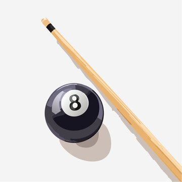 8番のビリヤードボールと木製キューのベクターイラスト