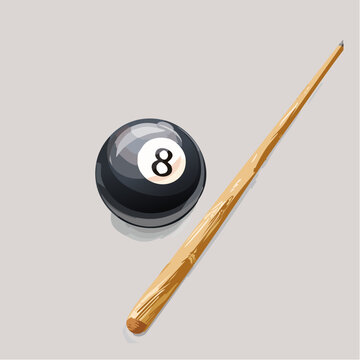 8番のビリヤードボールと木製キューのベクターイラスト