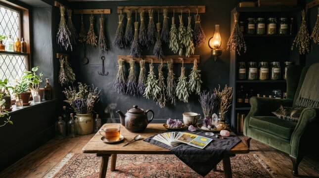 Mystical room with dried herbs, tarot cards, and a cat napping