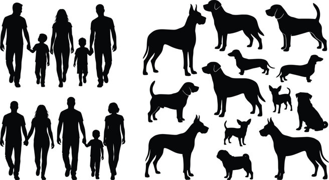 Silhouette collection of families walking together and various dog breeds in different standing poses isolated on white background
