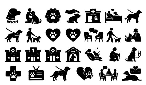 Animal assisted therapy and mental wellness black icon collection isolated vector set