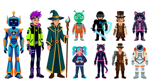 Collection of diverse cartoon characters including robots, wizards, aliens, astronauts, and various human-like figures in different costumes.