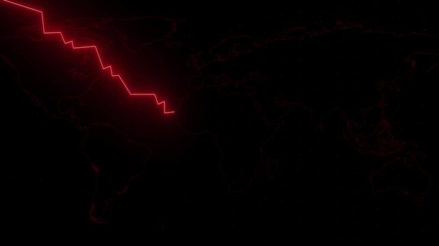 Financial graph animation with red chart. Financial graph global market decline. Financial graph business failure graphic on world map background for data.