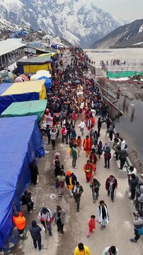 Vertical Aerial View of Char Dham Yatra Pilgrims at Kedarnath Uttarakhand India