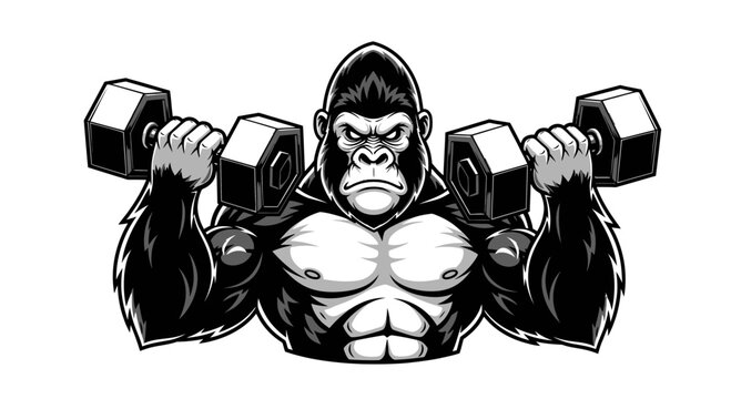 Strong Gorilla Lifting Dumbbells, Muscular Ape Working Out, Fitness Mascot