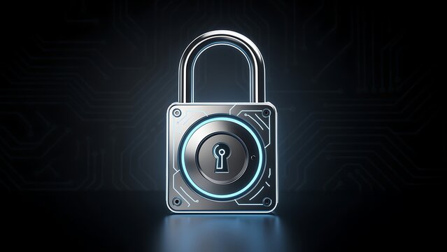 Glowing blue padlock on dark background