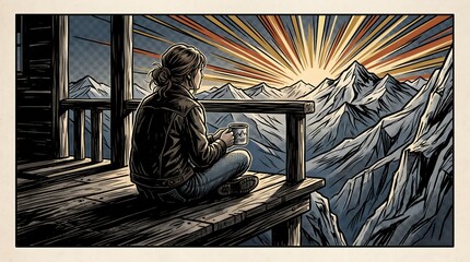 Fototapeta premium Picture from the back of a woman sitting on wooden porch extending into a high mountain cliff with wooden frame. Artistic print with copy space and warm light.