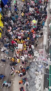 Vertical Aerial View of Char Dham Yatra Pilgrims at Kedarnath Uttarakhand India