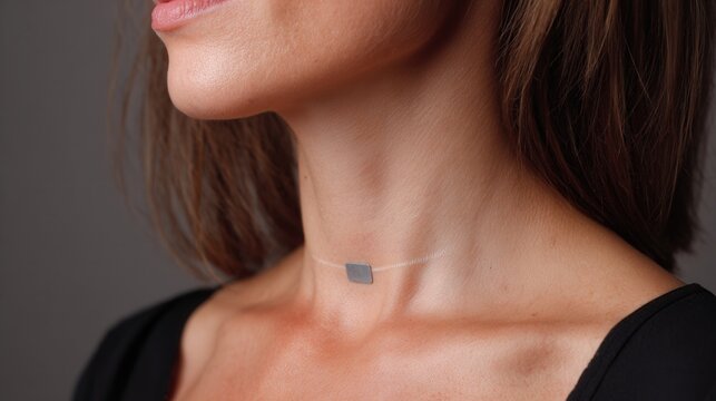 Metallic tracking patch on neck, closeup shows professional woman wearing discreet wellness sensor, soft skin and collarbone visible, minimalist studio lighting, subtle fashion accessory blending