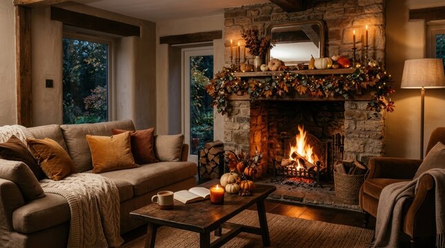 Cozy autumn living room with fireplace and fall decorations