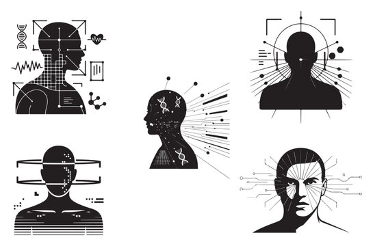 Human head profile with technological overlays and facial recognition scanning features representing artificial intelligence and biometric data analysis and futuristic cybernetics
