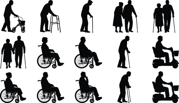 Silhouette collection of senior citizens and disabled people with mobility aids including wheelchairs walkers scooters and canes isolated on white background