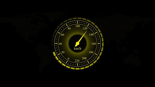 Speedometer animation with yellow neon. Speedometer digital performance indicator. Speedometer technology interface graphic on world map background.