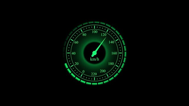 Speedometer animation with green glow. Speedometer digital performance indicator. Speedometer technology interface graphic on black background for tech.