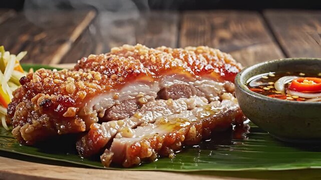 Crispy Pork Belly Lechon Kawali with Dipping Sauce and Atsara.