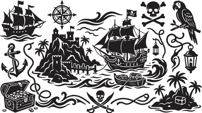 Pirate Symbols and Objects Illustration Set Black White