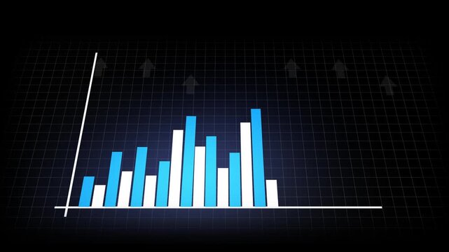 Bar graph animation with perspective. Bar graph blue and white data chart. Bar graph business analytics graphic on dark grid background for reports.