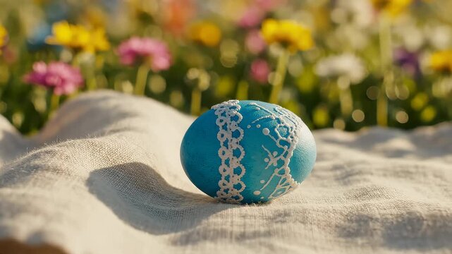 Blue easter egg sits on soft fabric in flower garden. Bright flowers surround egg in warm sunny location. Concept of spring celebration, holiday decorations, seasonal events