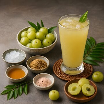 Fresh Sri Lankan Nelli Juice with Ice and Natural Ingredients on Rustic Background
