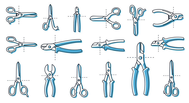 Collection of blue scissors and industrial hand tool icons on white background