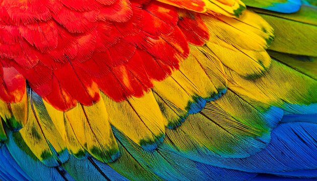 Detailed Macro Shot of Vibrant Multicolored Scarlet Macaw Feathers