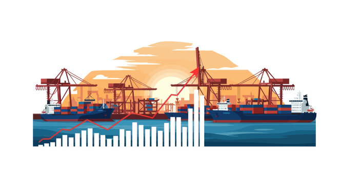 Cargo ships and cranes in a port with rising trade graph.