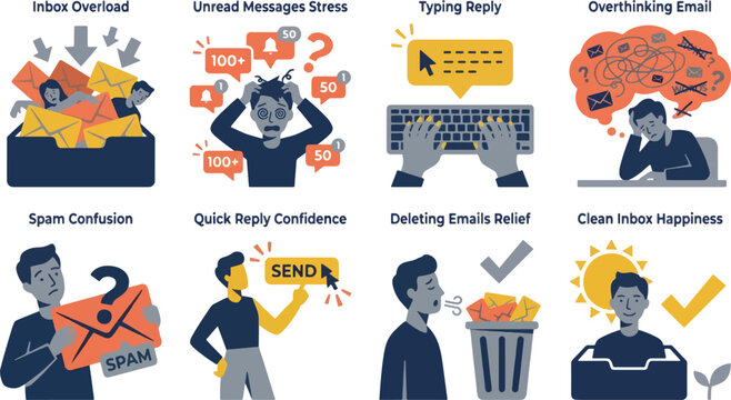 Email Overload and Inbox Management Illustration Set for Digital Communication Stress