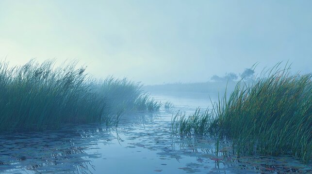 Soft Blue Misty Bay Bulrush, Ethereal Niche Widescreen Seascape