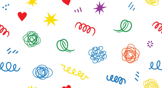 Colorful childlike scribbles and shapes on white background