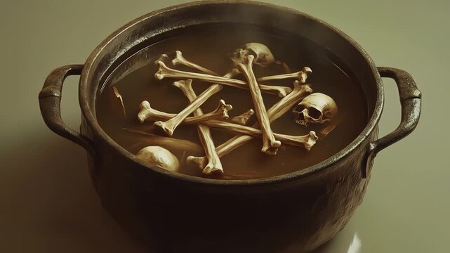 Pot of bones symbolic composition with bones and water