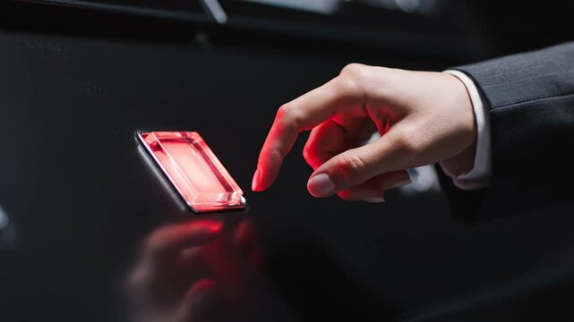 Hand reaches for red button on sleek control panel. Modern office setting with dark surfaces. Concept of technology, control systems, business operations