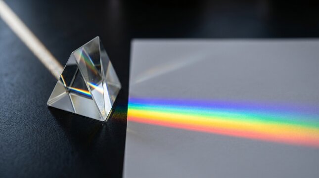 Glass prism refracts a beam of white light into a vibrant spectrum of colors on a white surface.