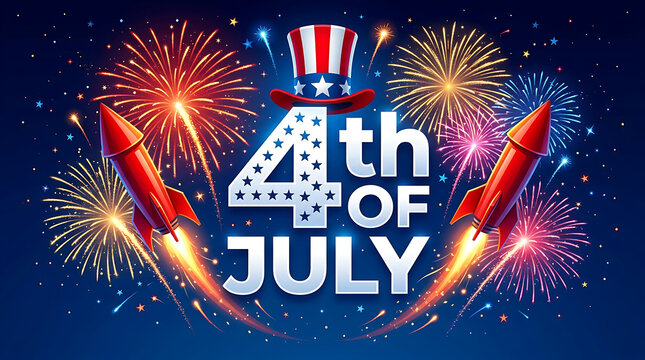 Red rockets and fireworks explode around 4th of july text and uncle sam hat explosion celebration