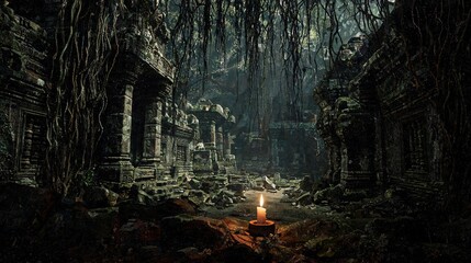 Inside a derelict temple sanctuary with ancient stone pillars, spiderwebs, and lit candles at night. © TEHAKAM