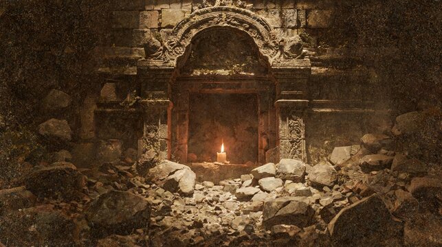 Inside a derelict temple sanctuary with ancient stone pillars, spiderwebs, and lit candles at night.