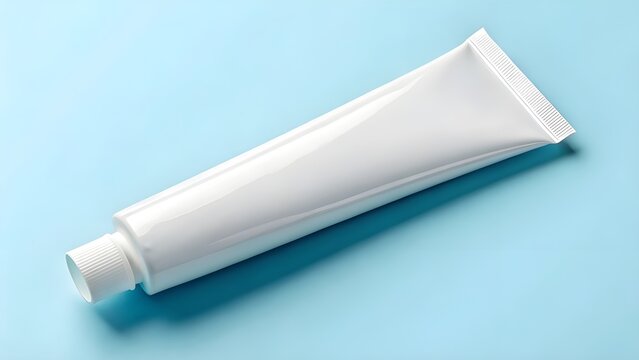 Toothpaste Tube Flat On Plain Blue Backdrop Capturing Clean Hygiene Concept Bright Dental Care Product Photo With Modern Minimal Design And Fresh Bathroom Aesthetic