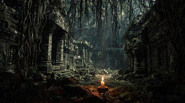 Inside a derelict temple sanctuary with ancient stone pillars, spiderwebs, and lit candles at night.